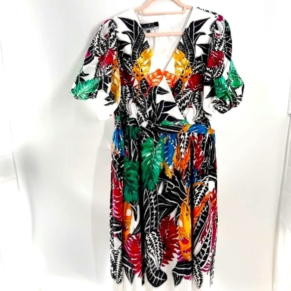 Dalia Mac Phee Tropical Puff Sleeve Midi Dress NWT​​​​ - Picture 1 of 13